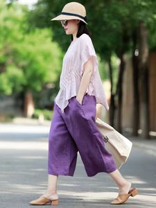 棉麻阔腿裤女夏季薄款八分裤洋气复古亚麻七分裤宽松直筒紫色裤子