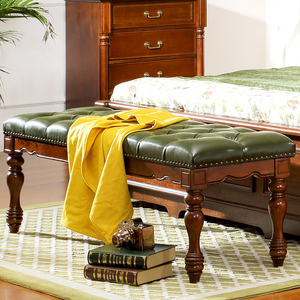 全实木美式床尾凳子卧室床榻真皮床边凳子长条凳床前凳欧式换鞋凳