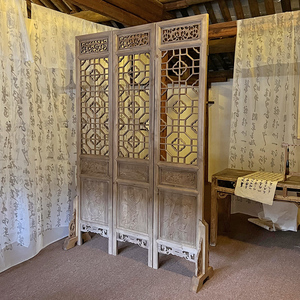 中式屏风隔断客厅实木移动折叠屏风香樟木复古做旧镂空雕花折屏