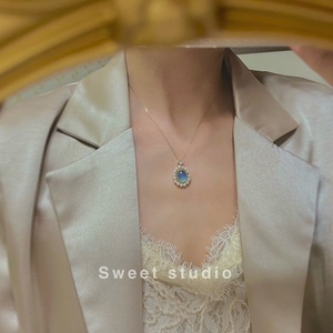 Sweet 自制天然海蓝宝石项链吊坠绕线手工法式镶嵌珍珠生辰石小众