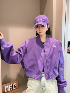 【现货】欧货外套2023春短款棒球服女针织拼接夹克紫色女装上衣女