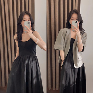 Joo韩国代购  新款弹力拼接两色 收腰时尚百搭吊带连衣裙