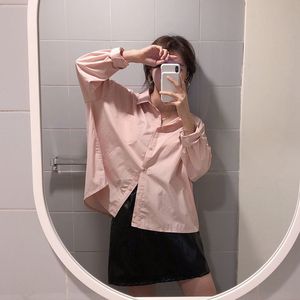HAM韩国代购 韩系宽松嫩粉色衬衫 独特设计不规…