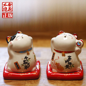 金石招财猫牙签筒陶瓷时尚日式创意高档家居棉签盒牙线罐摆件包邮