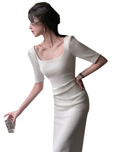 白色连衣裙2024新款女夏长款小个子高级感收腰订婚伴娘法式小礼服
