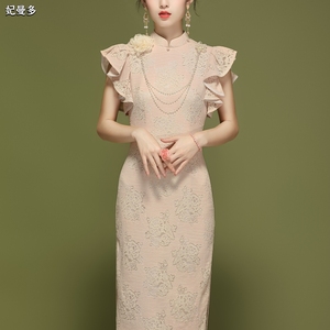 中式晚礼服女高级感改良旗袍年轻款高端气质长款敬酒服粉色连衣裙