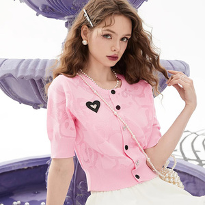 甜美粉色短袖冰丝针织开衫女2024春夏新款小个子薄款提花短款上衣
