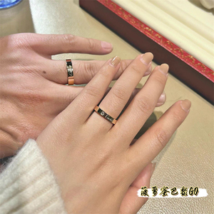 Cartier/卡地亚C系列18K玫瑰金单钻签名款宽窄版戒指情侣对戒婚戒