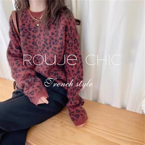 法国Rouje Chic法式小众红色豹纹浣熊绒针织衫女秋冬季设计感毛衣