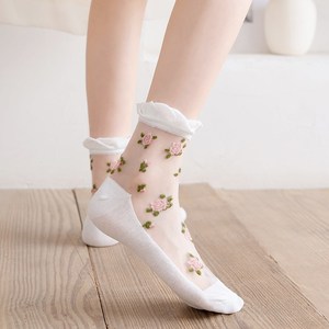 日本代购中筒袜子镂空网玻璃丝水晶袜棉底透明丝袜夏季薄款长袜潮