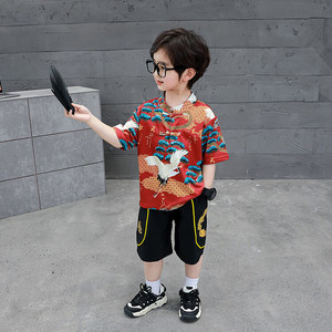 男童夏季新款中国风龙鹤短袖套装中小童