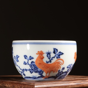 锦玉清韵王琳窑青花堆雕矾红鸡缸杯茶杯个人品茗杯功夫陶瓷茶具