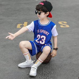 儿童篮球服套装男童小学生速干训练服小童短袖小孩假两件运动球衣
