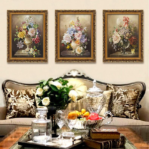 客厅装饰画沙发背景墙画组合三联画欧式壁画有框画古典花卧室挂画