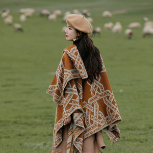 西藏尼泊尔不丹草原民族风保暖防风披肩斗篷旅游外搭两用围巾披风