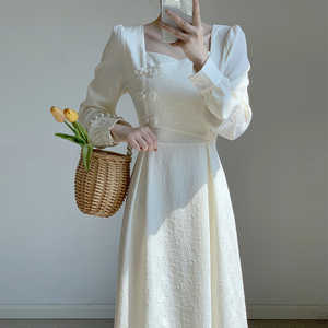 白色新中式国风长袖连衣裙女夏季2024新款伴娘服礼服平时可穿长裙