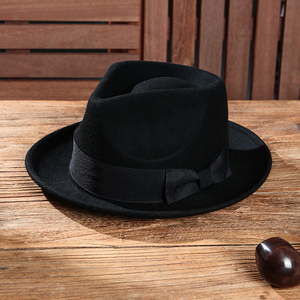 英伦爵士帽男士羊毛呢卷边绅士帽复古宽檐毡帽大沿礼帽巴拿马帽女
