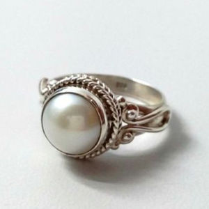 Youngebay热卖镀S925复古泰银镶嵌珍珠戒指 欧美时尚订婚指环女士