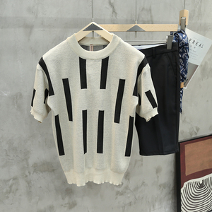 美式韩系潮牌几何拼色圆领针织短袖男夏季复古轻熟风薄款冰丝T恤
