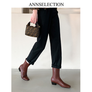 ANN美拉德风方头棕色靴子女小众复古方根粗跟瘦腿弹力短靴瘦瘦靴