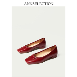 ANN平底法式芭蕾小红鞋女2024春新款低跟浅口蝴蝶结方头粗跟单鞋