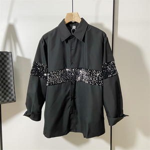 暗黑系男士设计师款式韩版长袖衬衫春季薄款亮片拼接潮男衬衣男装