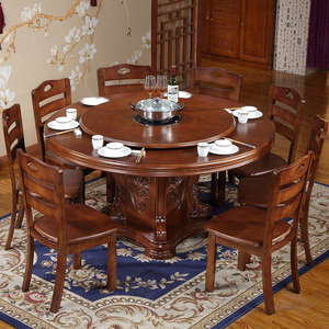 实木餐桌椅组合1.5米1.8米橡木圆形餐台带转盘酒店大圆桌吃饭桌子