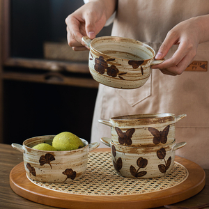 圆形粗陶手绘双耳碗日式复古沙拉面碗简约家用陶瓷餐具餐厅甜品碗