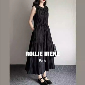法国Rouje Irene黑色无袖背心女复古褶皱肌理感宽松显瘦蛋糕长裙