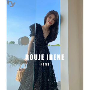 法国Rouje Irene夏季法式黑色气质羽毛流苏长裙V领短袖薄连衣裙子