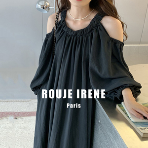 法国Rouje Irene法式慵懒风设计漏肩小心机宽松皱褶灯笼袖连衣裙