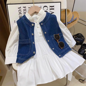 韩版女童套装中小童春秋季新款白色连衣裙女宝宝牛仔马甲两件套潮
