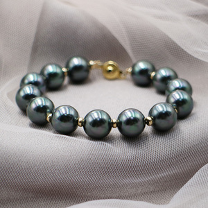顺景新款波利尼西亚孔雀绿黑珍珠贝珠镀膜手链正圆极强光珍珠手串