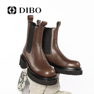 DIBO碲铂牛皮英伦切尔西靴女短靴2022冬季新休闲加绒中筒靴烟筒靴