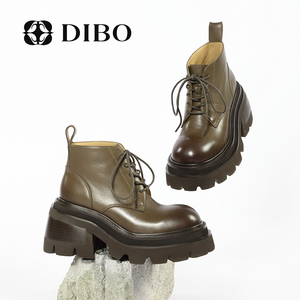 DIBO碲铂复古牛皮英伦小个子短靴女2022秋季新款厚底增高甜酷短靴