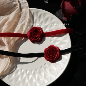 原创设计秋冬新款新年酒红色花朵丝绒choker复古性感气质颈带项圈