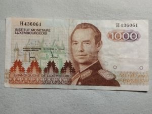 卢森堡1985年1000法郎纸币，稀少，外钞，外币，外国纸币