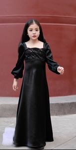 女童高端礼服黑色公主裙洋气小女孩儿童主持人钢琴秋冬拖尾演出服