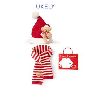 儿童帽子围巾套装新年冬季加绒男孩宝宝红色针织帽冬天女童毛线帽
