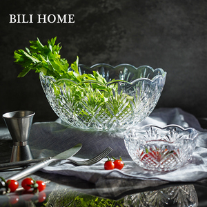 高级水晶玻璃沙拉碗创意刻花家用甜品玻璃碗套装高颜值透明水果盘