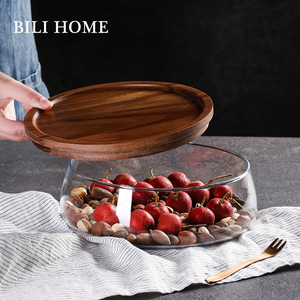 相思木水果盘中式木质果盘双层透明糖果盘带盖客厅家用玻璃干果盘