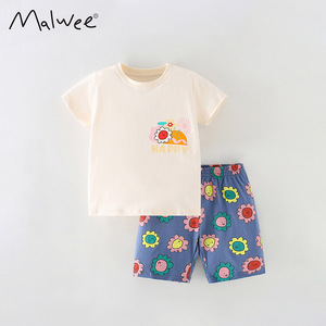 malwee女童两件套夏季新款欧美中小童休闲圆领短袖裤子儿童套装
