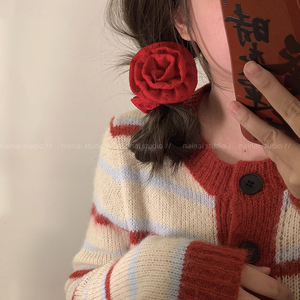 温柔红色玫瑰花发圈~花朵高级感法式浪漫大肠圈发绳头绳发饰发夹