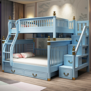 浅蓝色上下床成人1.8米双层床男孩女孩新中式高低床实木儿童床1.5