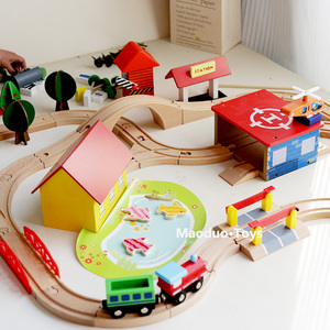 木质小火车轨道套装城市小镇运输男女孩百变情景车子飞机场玩具WZ