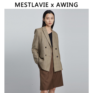 MESTLAVIE 2020秋冬新款意大利进口面料格子双排扣羊毛驼色西装女