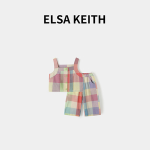 日本童装ELSA KEITH女童套装夏装时髦个性儿童宝宝彩虹格子套装潮