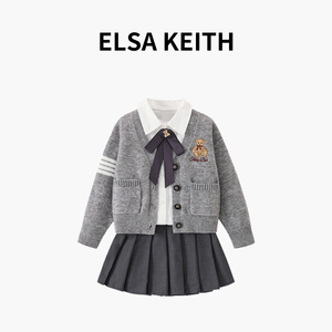 日本童装ELSA KEITH女童针织衫学院风三件套秋装儿童百褶裙jk套装