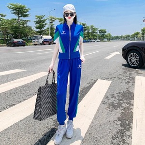 韩版炸街休闲运动服套装女2024夏季新款小个子蓝色上衣裤子两件套