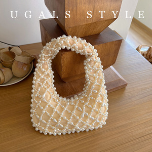 UGALS复古镂空菱形珍珠包新中式宴会手工编织串珠托特手提腋下包